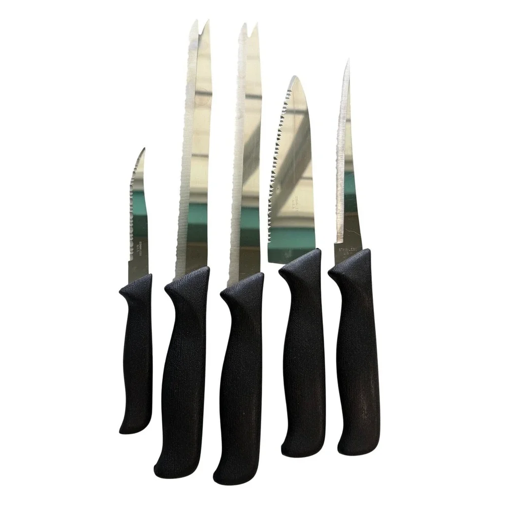 Vintage Sharpkut II 5 Piece Knife Set Stainless Steel Serrated Made in USA Black